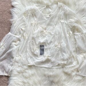 New Hollister ivory Sheer Mesh 2 Layered Top Bell Sleeve Embroidered Floral
